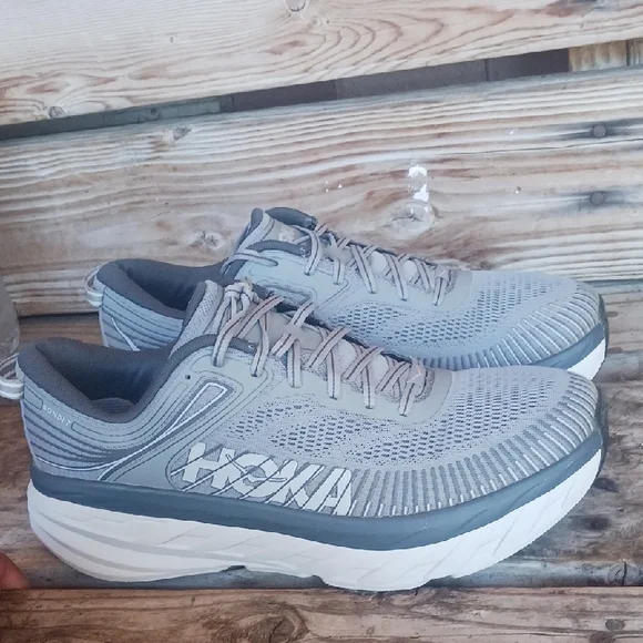 Hoka Bondi 7 Gray and White Athletic Shoes with Maximalist Cushioning - Picture 2 of 14
